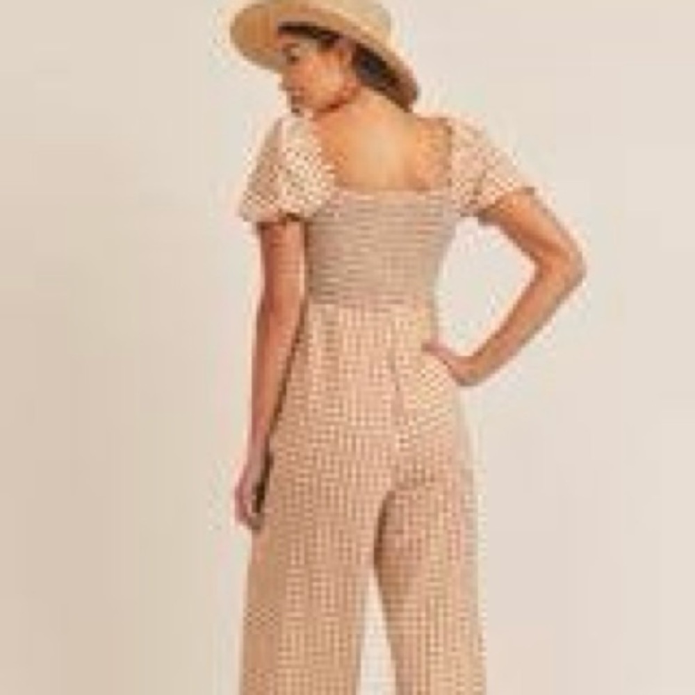 Mable Amaya Gingham Plaid Puff Short Sleeve Jumpsuit in Cognac Size M - Picture 2 of 10